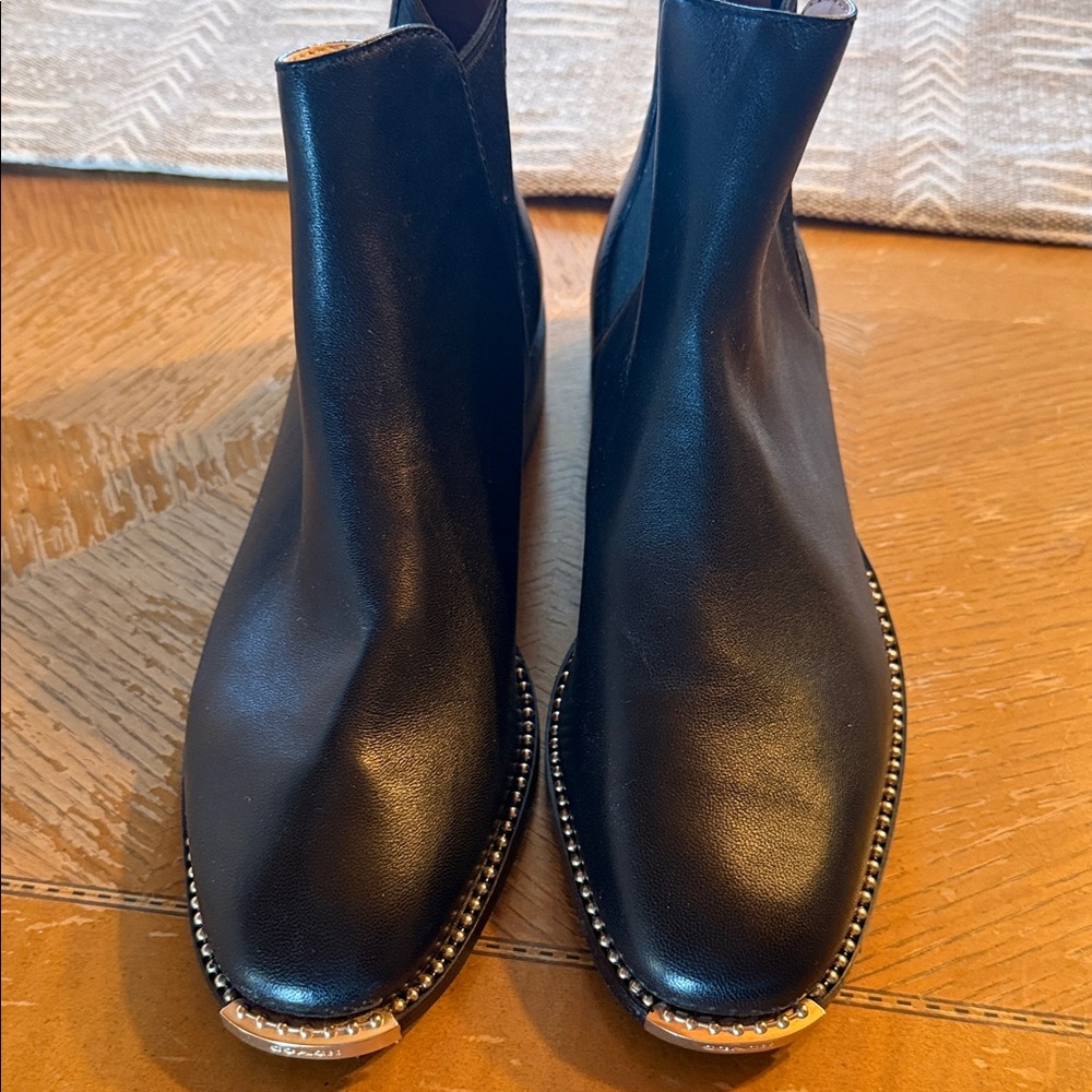 Coach Black Leather Ankle Boots with Gold Trim Size 6 - Picture 2 of 5